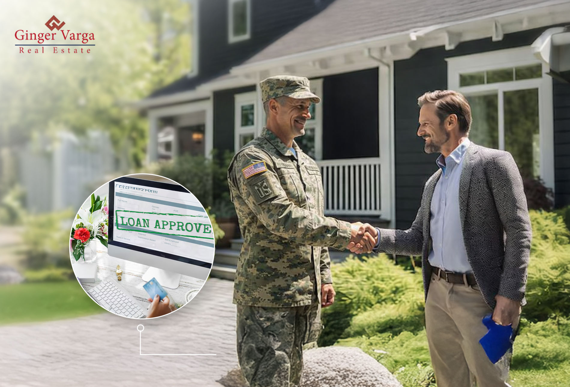 Handshake between a military officer and a civilian in front of a house, with a real estate logo in the top left and loan-approval graphic in the corner.